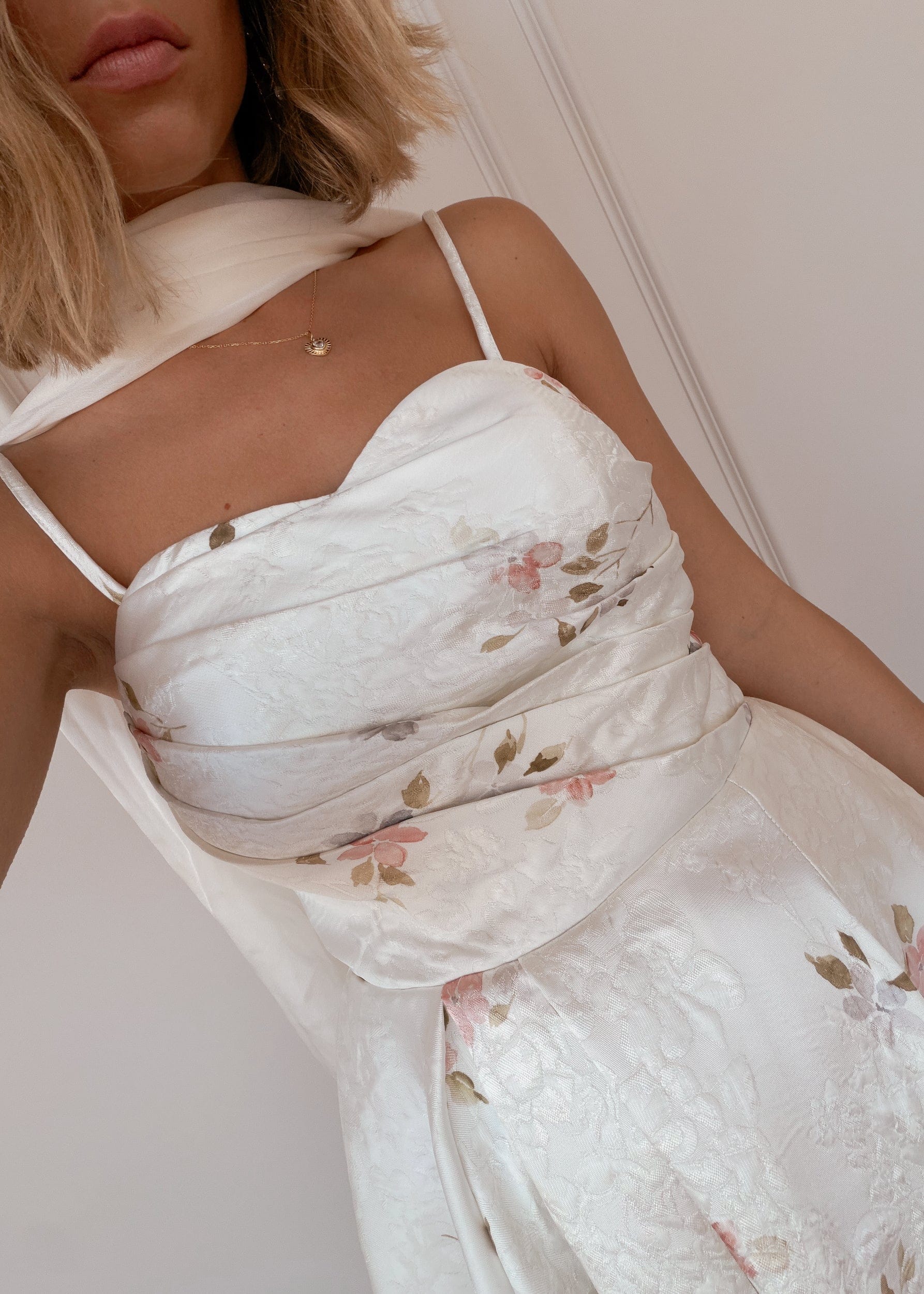 Arabella White Floral Jacquard Pleated Slit Maxi Dress - Image 11