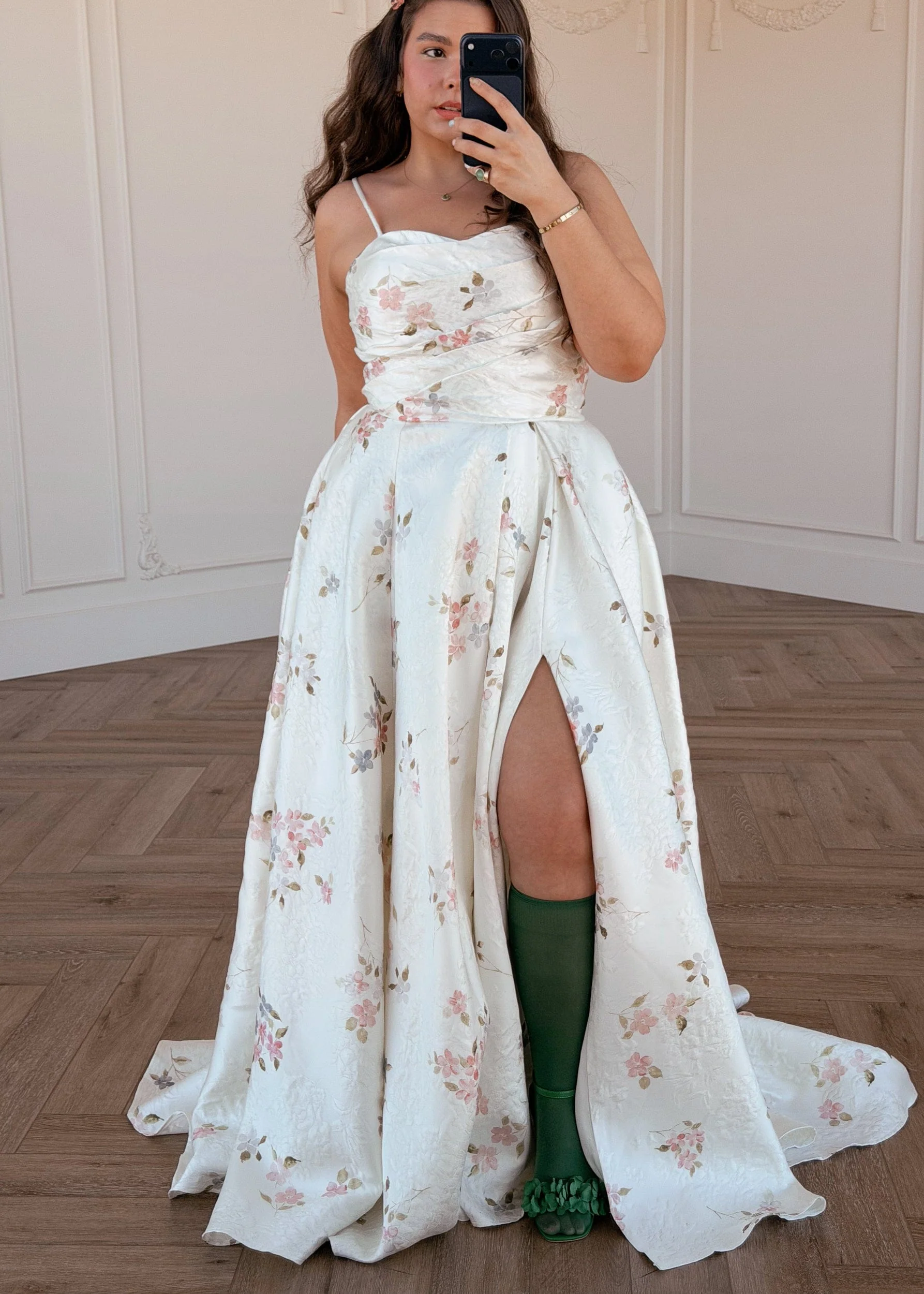 Arabella White Floral Jacquard Pleated Slit Maxi Dress - Image 6