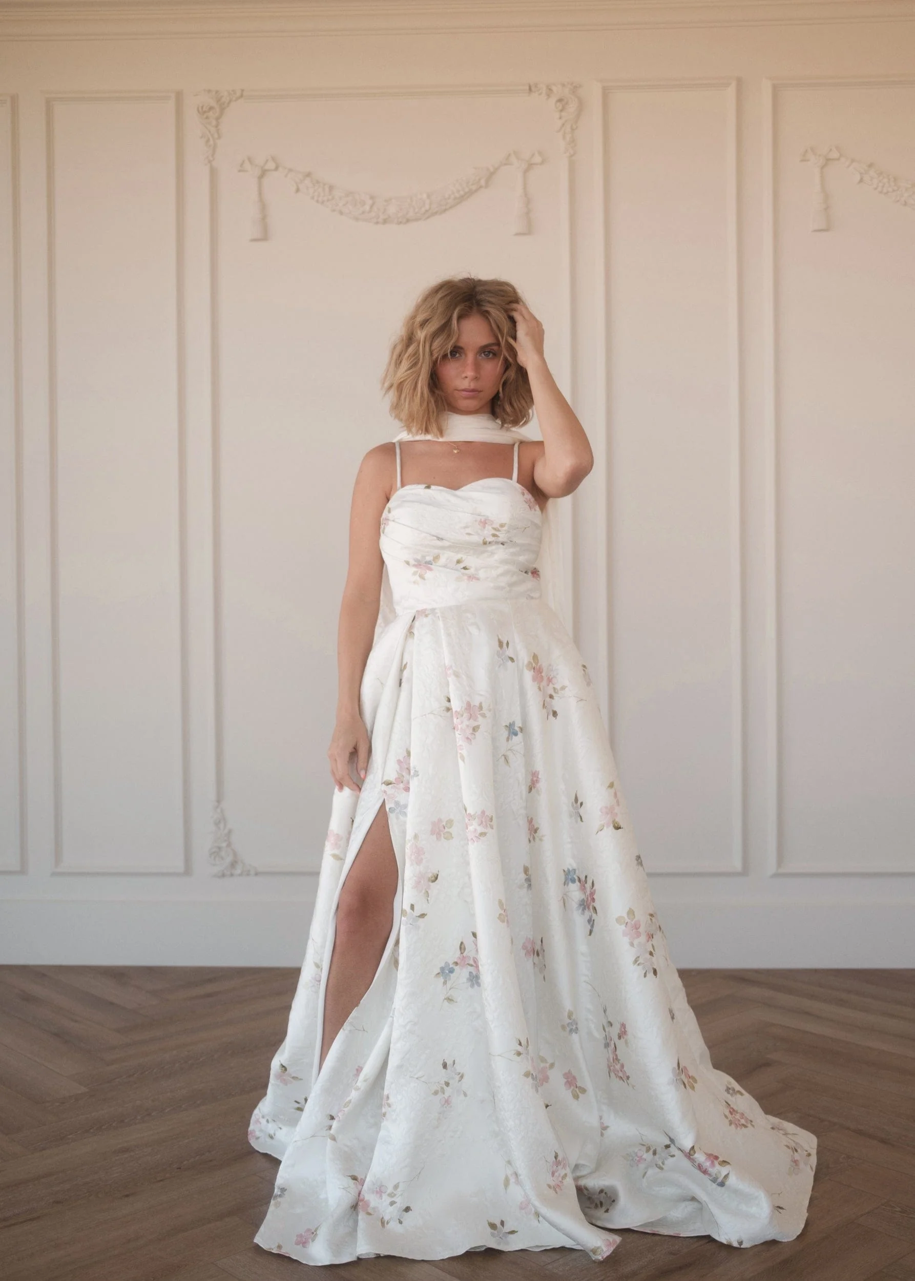 Arabella White Floral Jacquard Pleated Slit Maxi Dress - Image 9