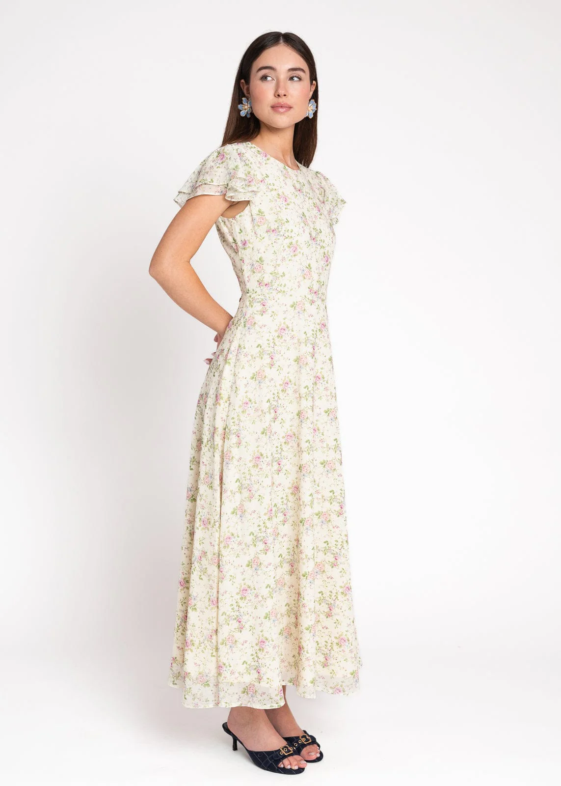 Elodie A-line Floral Midi Dress - Cream - Image 10