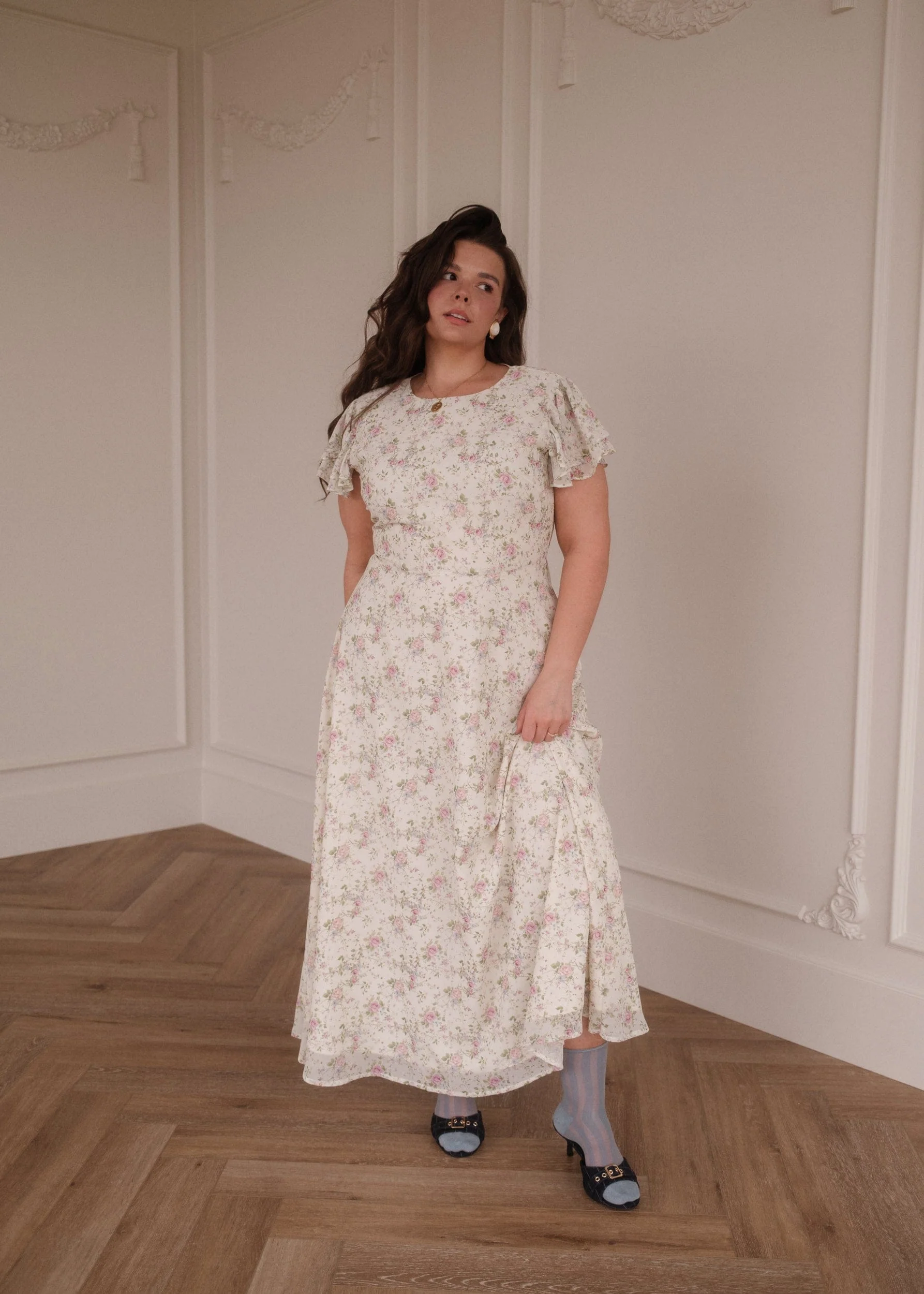 Elodie A-line Floral Midi Dress - Cream - Image 4
