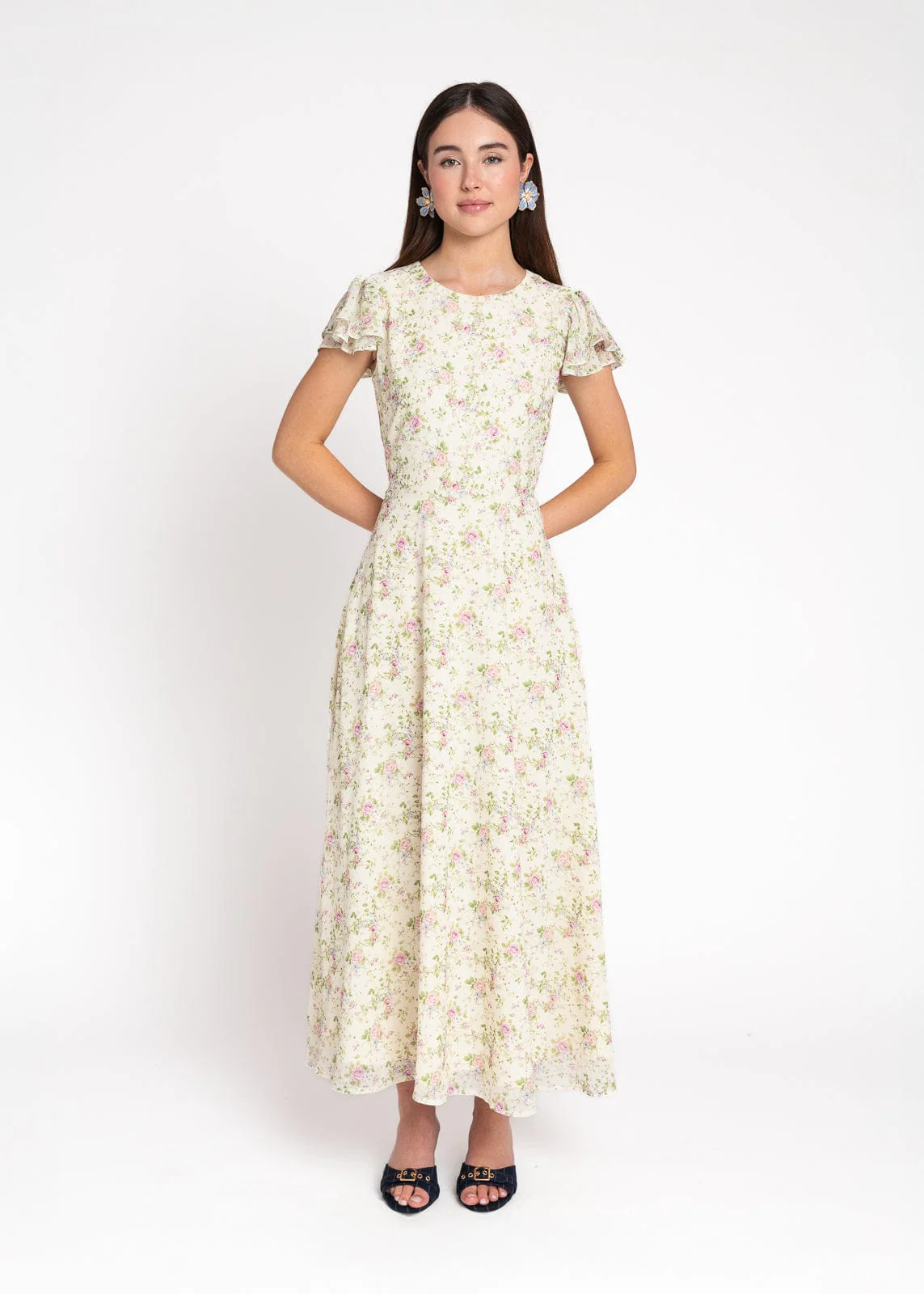 Elodie A-line Floral Midi Dress - Cream - Image 8