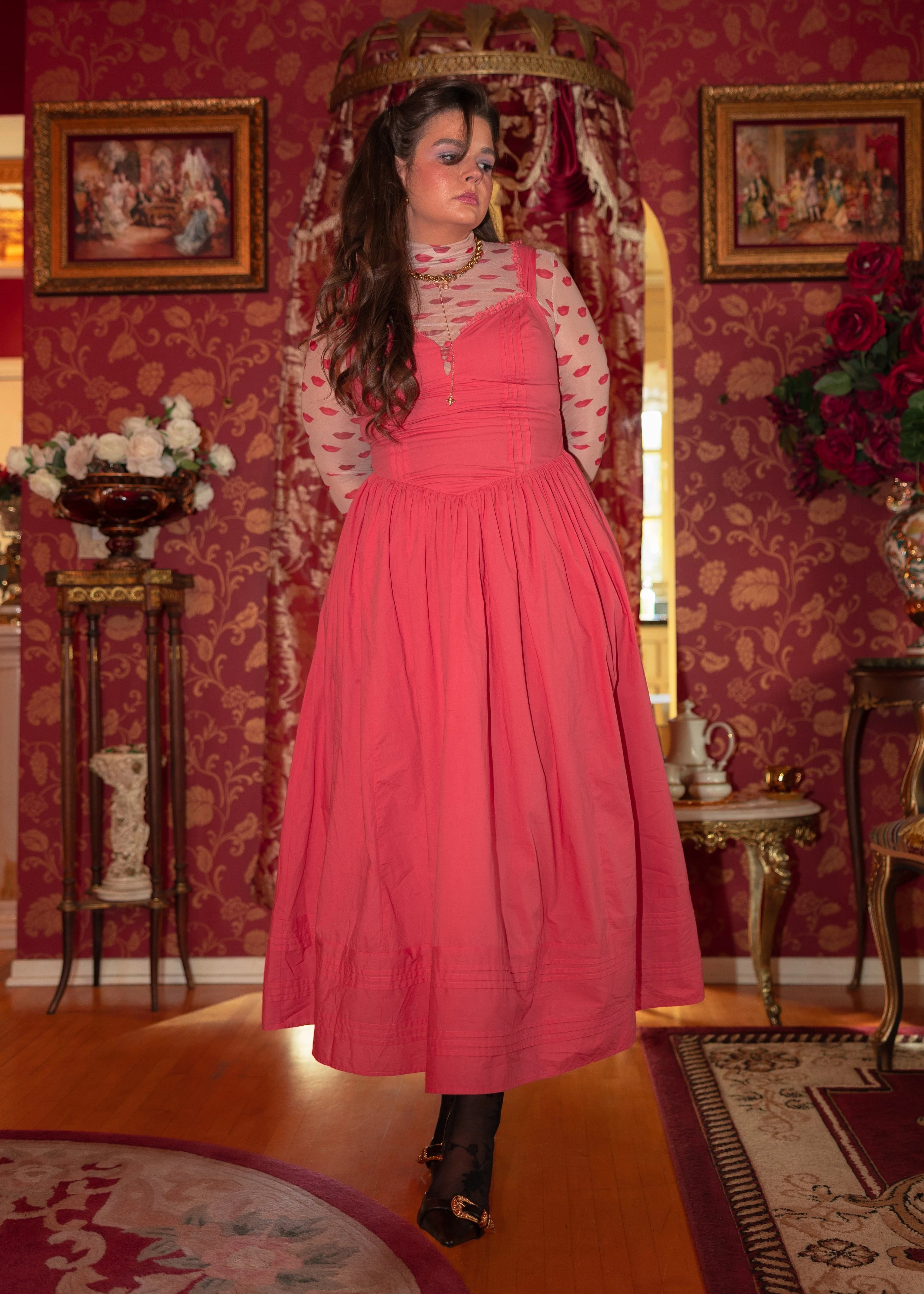 Lottie Basque Waist Midi Dress - Coral - Image 17