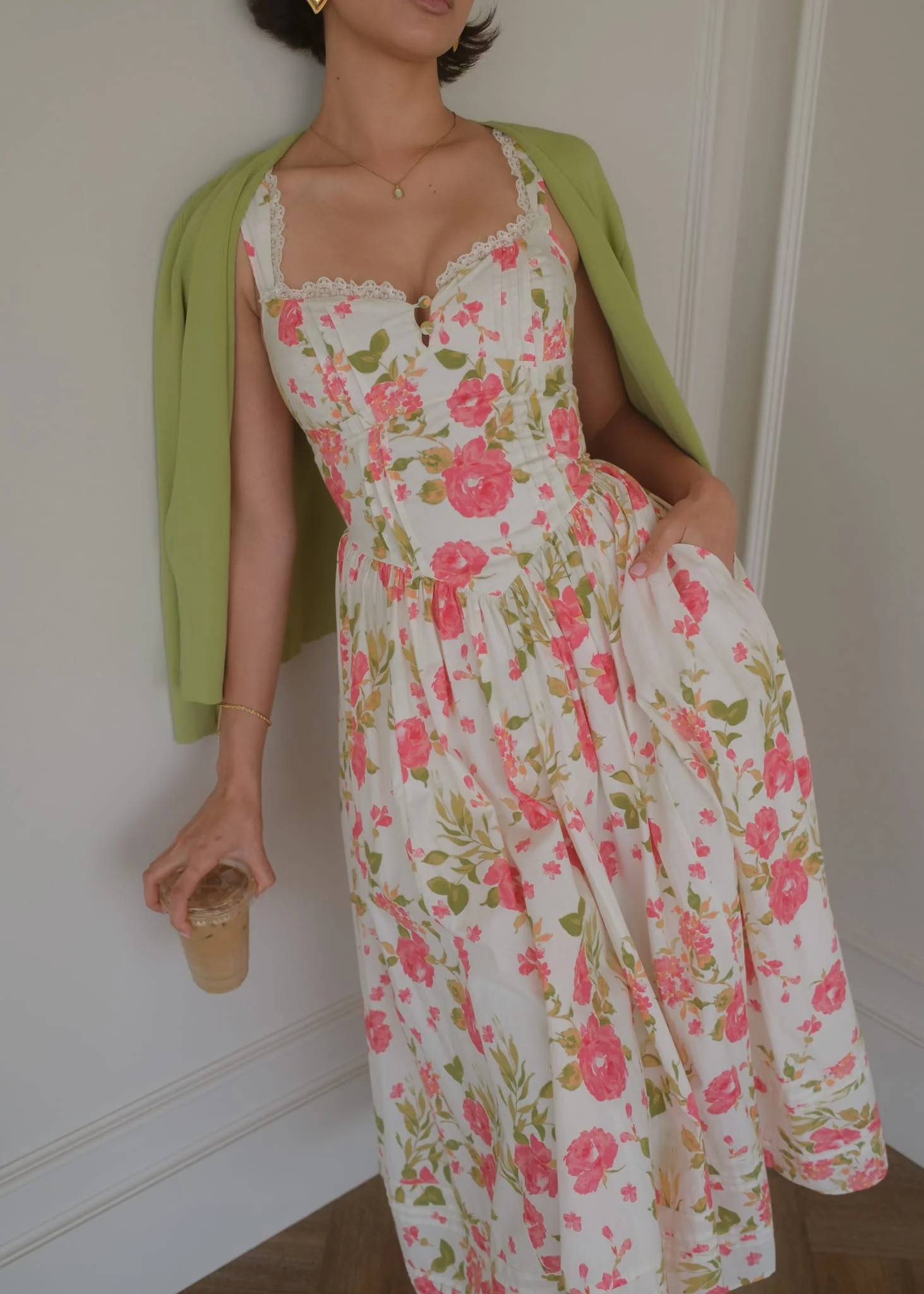 Lottie Basque Waist Floral Midi Dress - White - Image 10