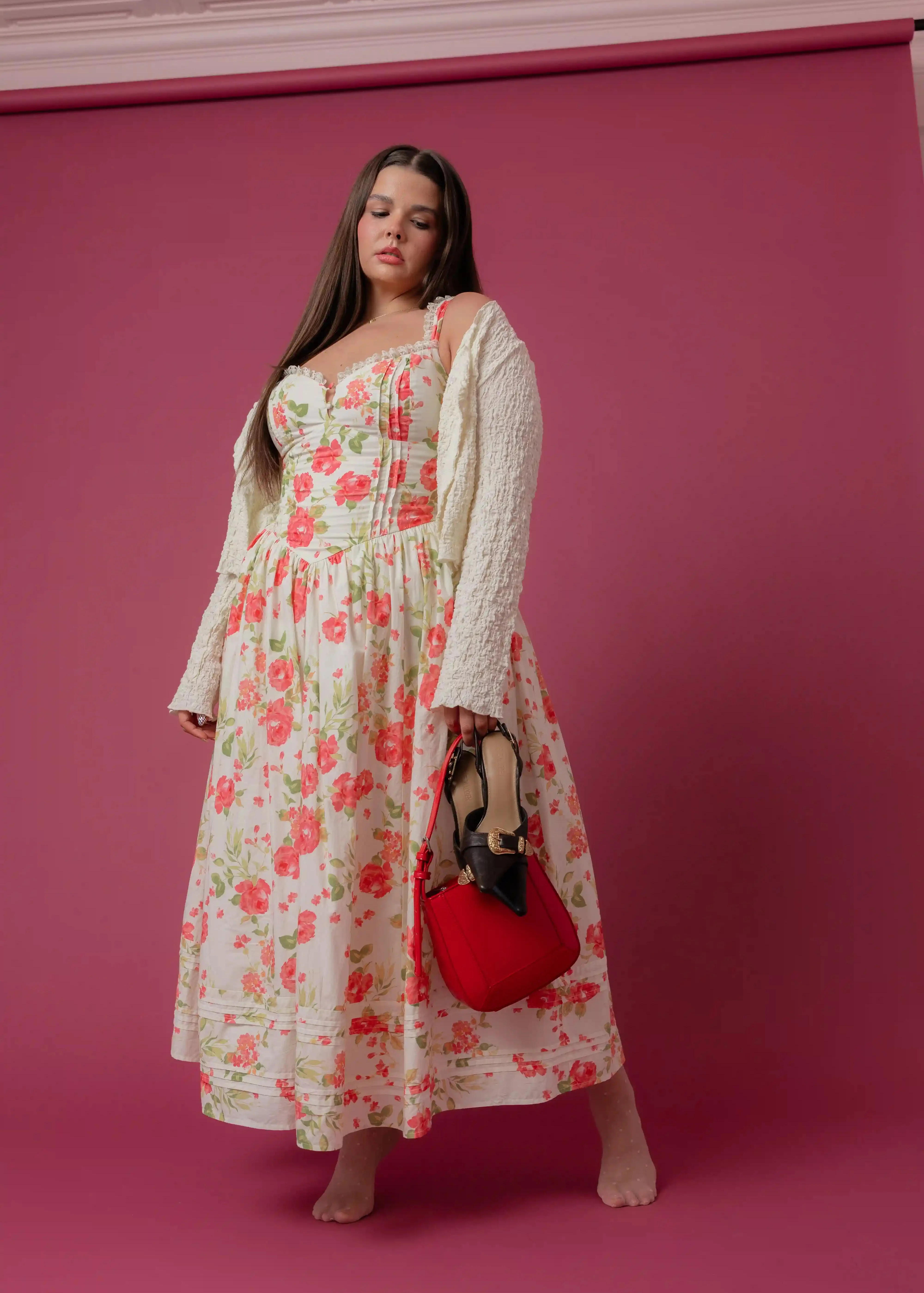 Lottie Basque Waist Floral Midi Dress - White - Image 12