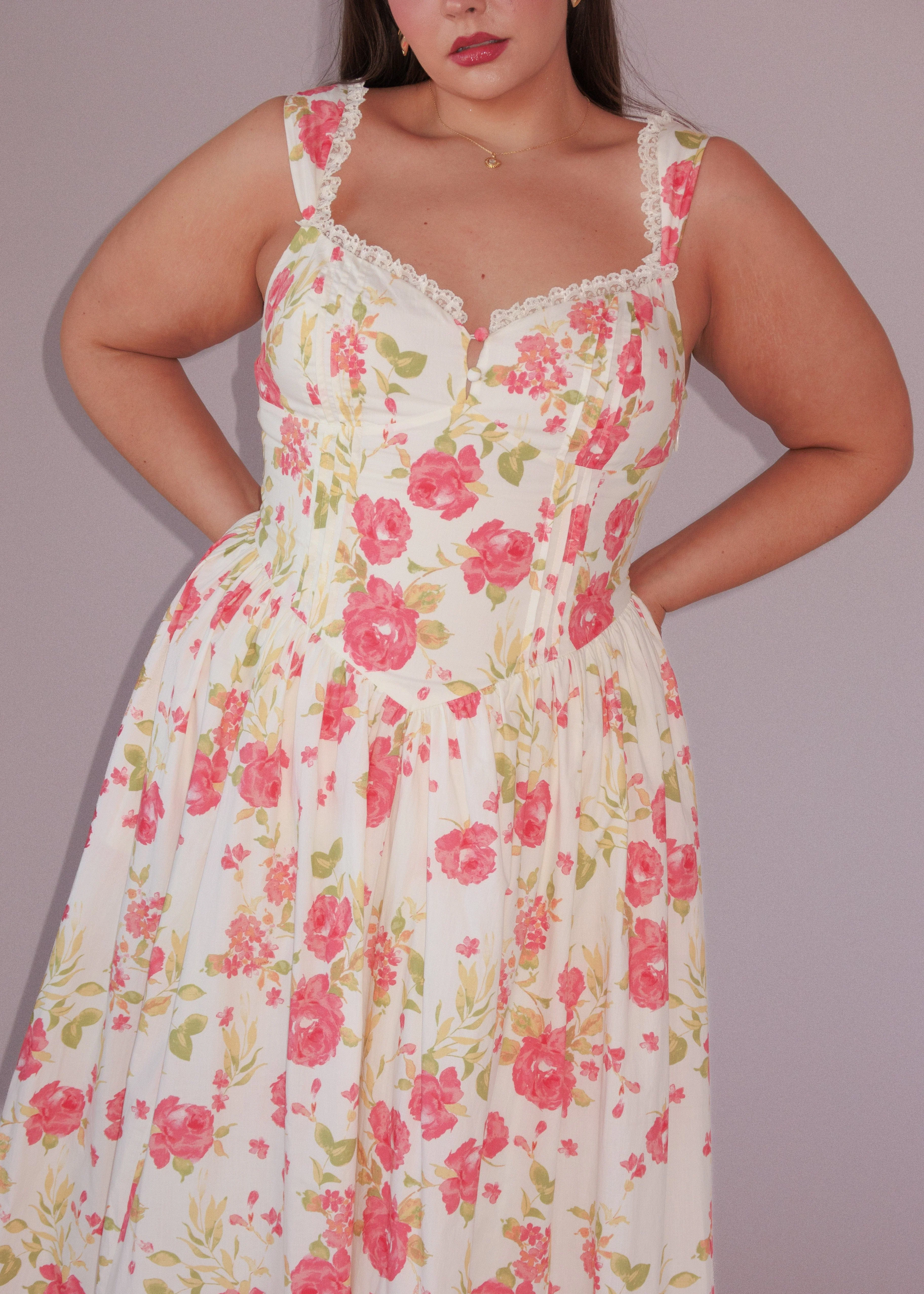 Lottie Basque Waist Floral Midi Dress - White - Image 3