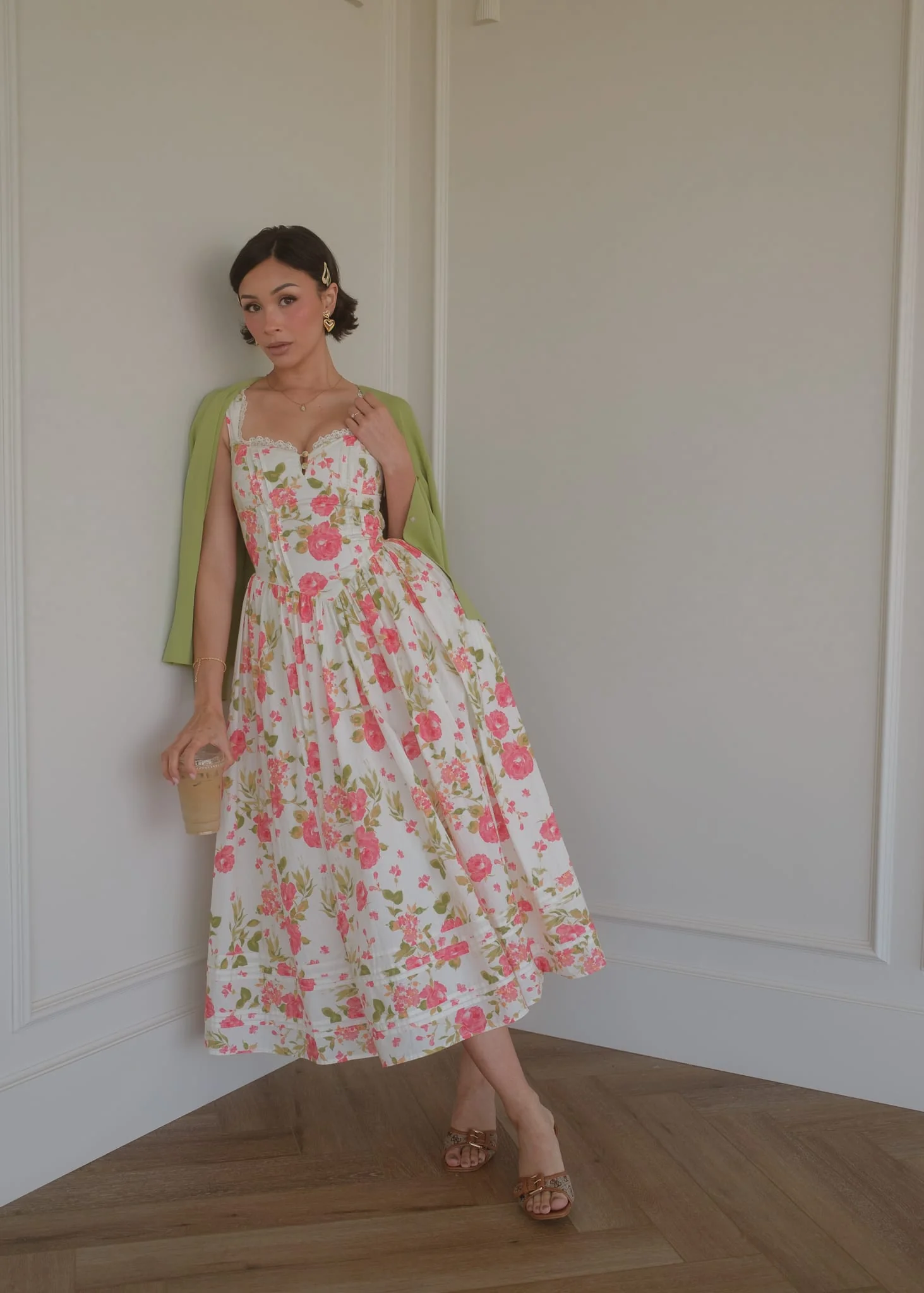 Lottie Basque Waist Floral Midi Dress - White - Image 4