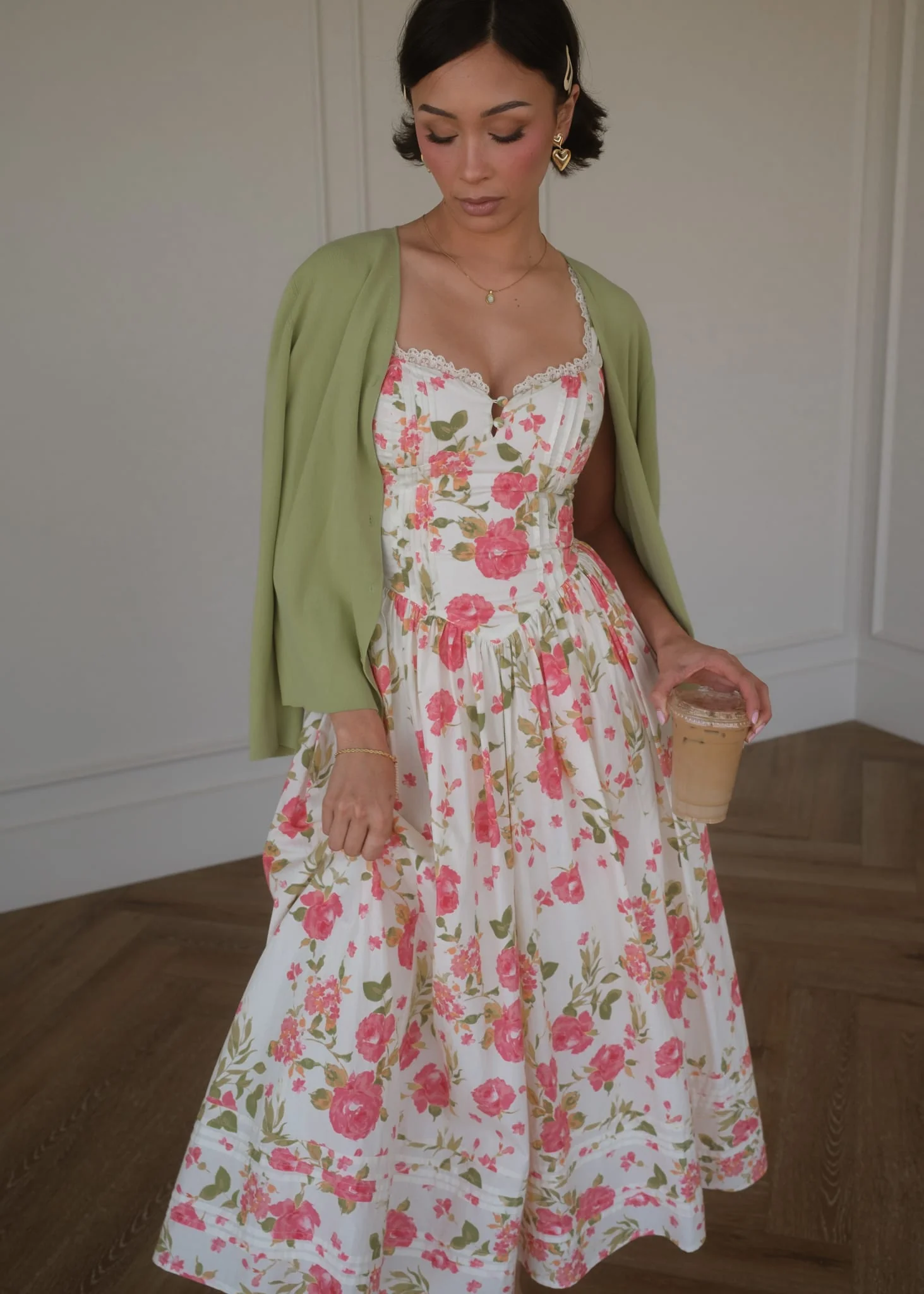 Lottie Basque Waist Floral Midi Dress - White - Image 5