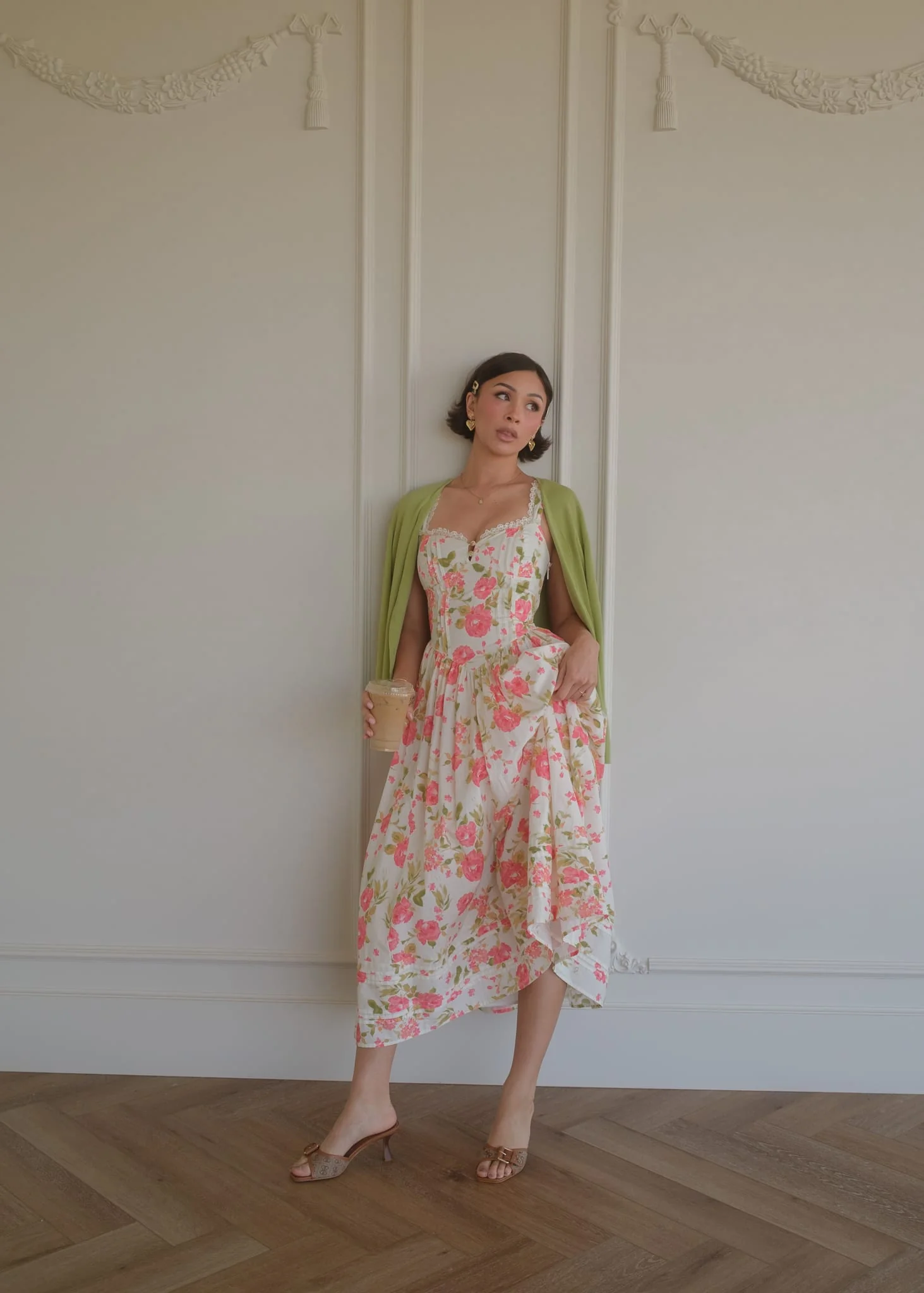 Lottie Basque Waist Floral Midi Dress - White - Image 7