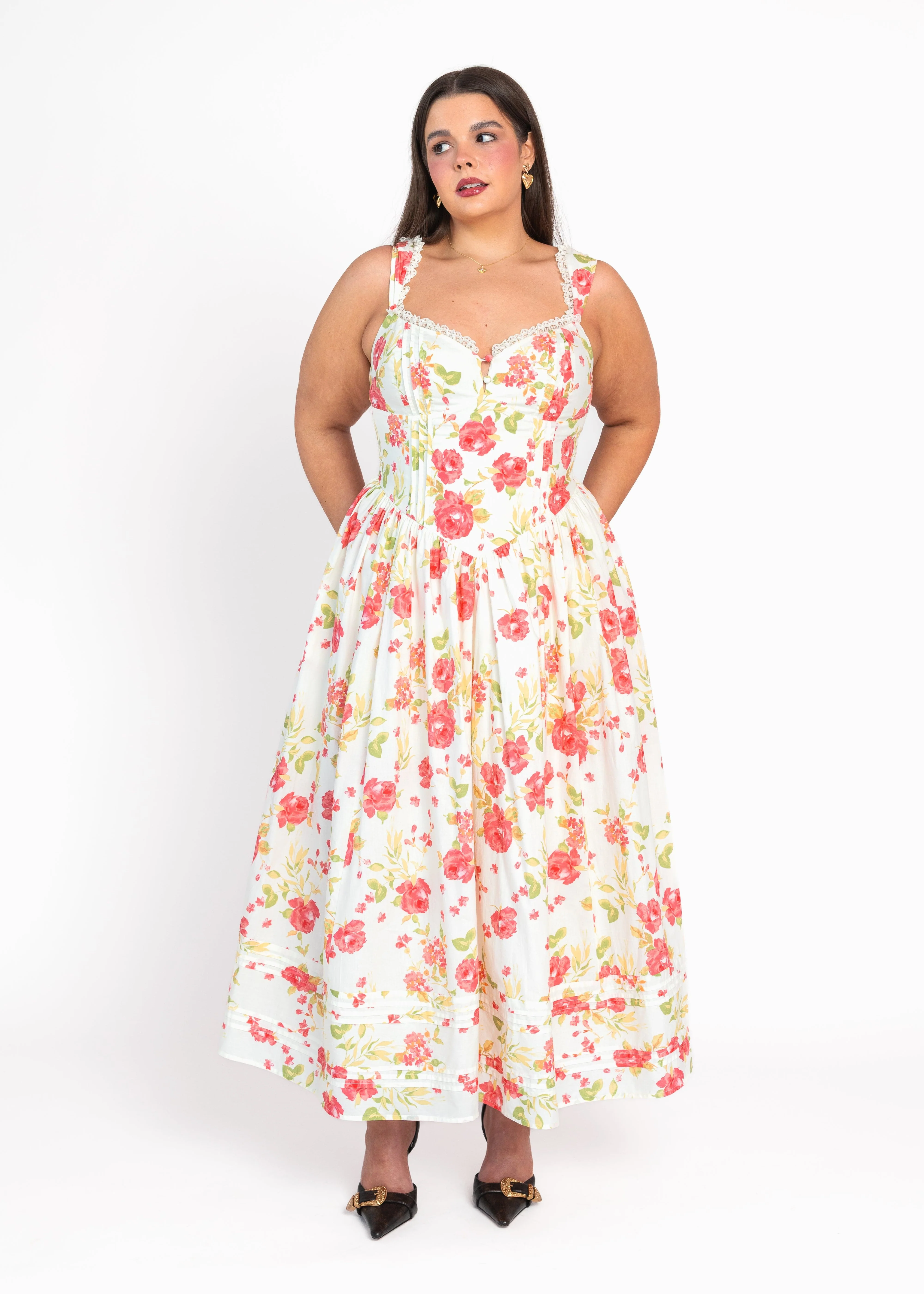 Lottie Basque Waist Floral Midi Dress - White - Image 8