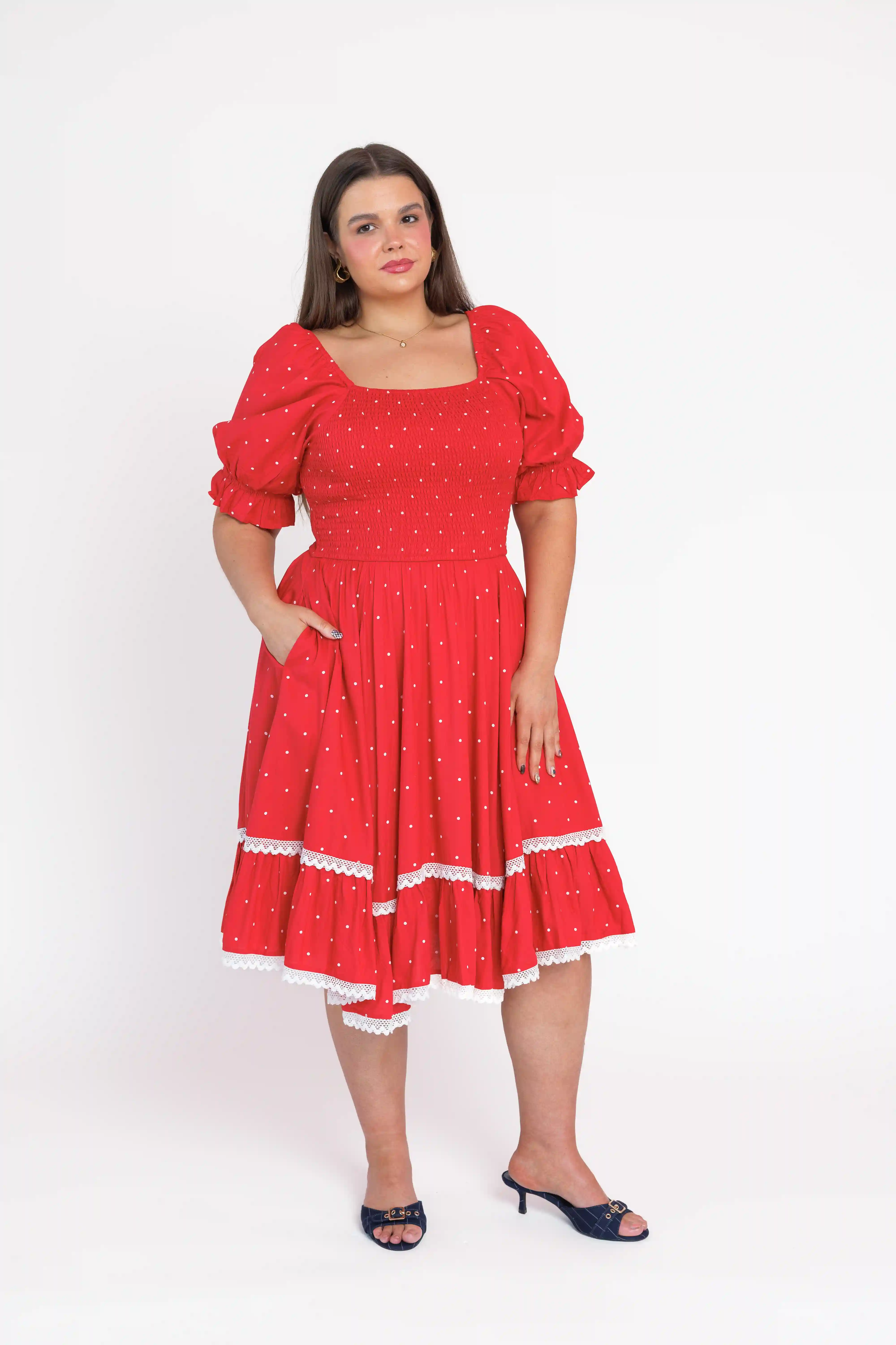 Red Polka Dot Puff Sleeve Dress - Image 10