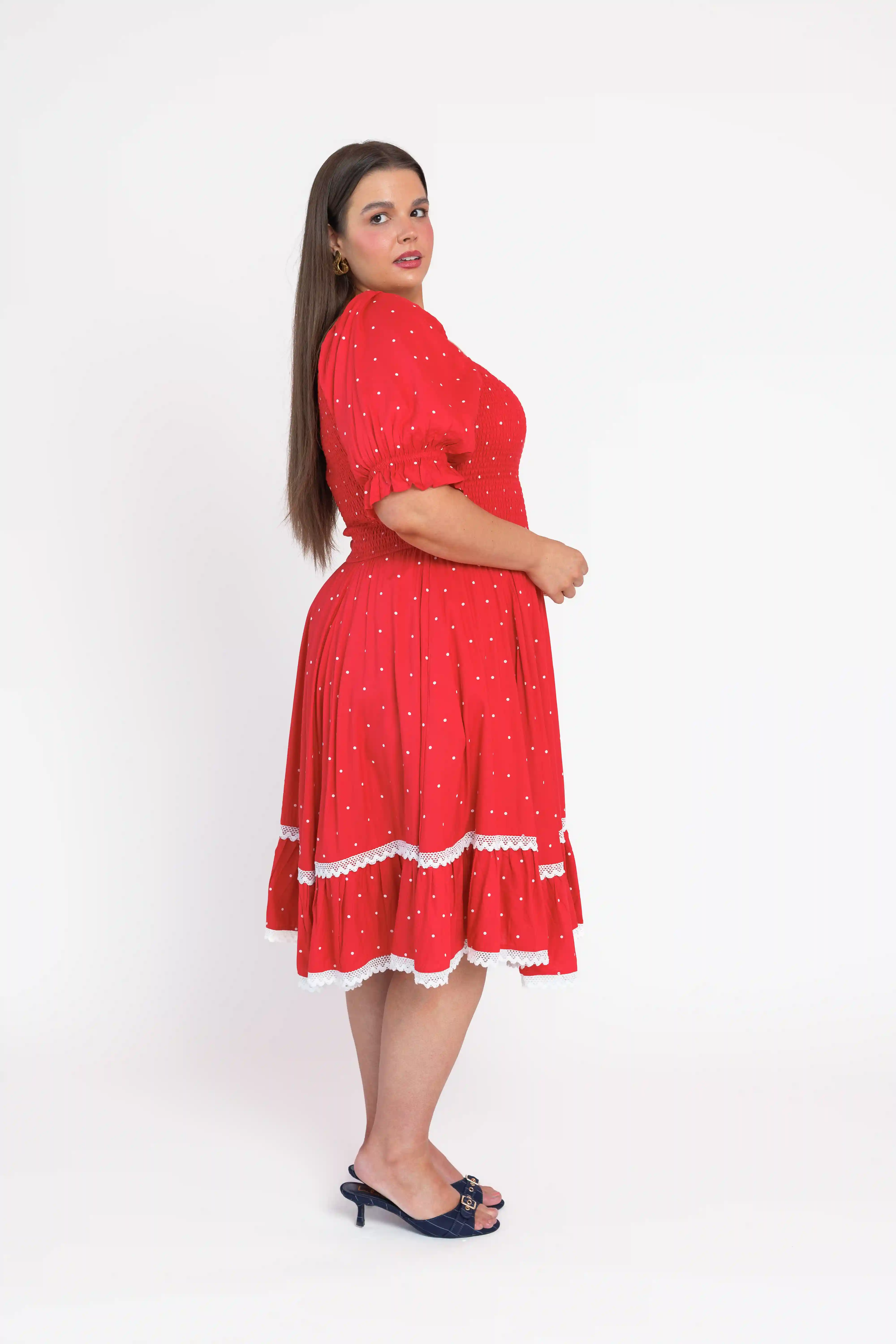 Red Polka Dot Puff Sleeve Dress - Image 11