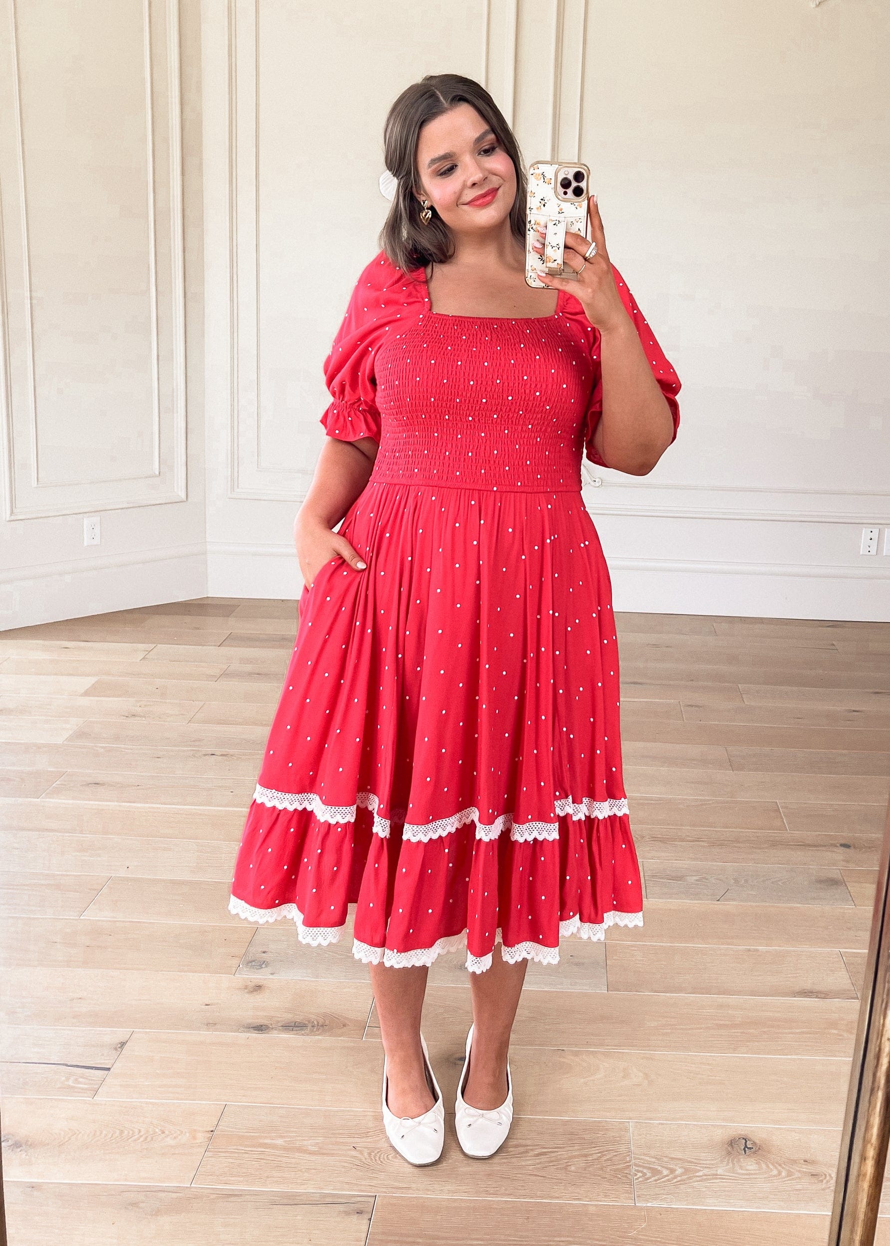 Red Polka Dot Puff Sleeve Dress - Image 3