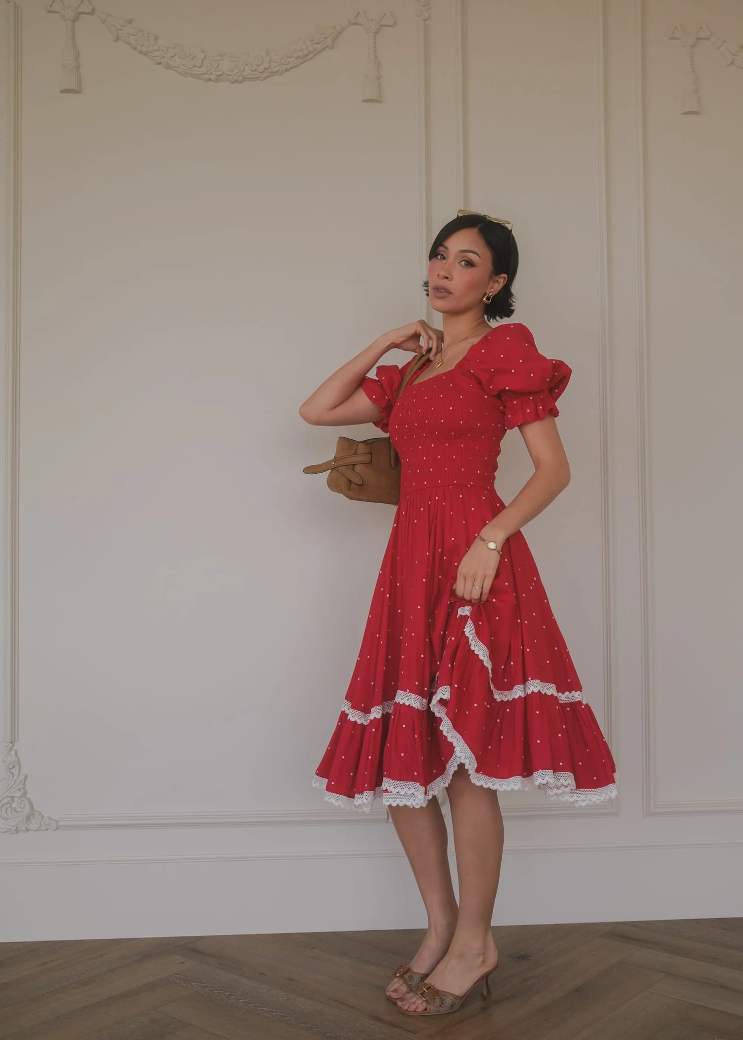 Red Polka Dot Puff Sleeve Dress - Image 4