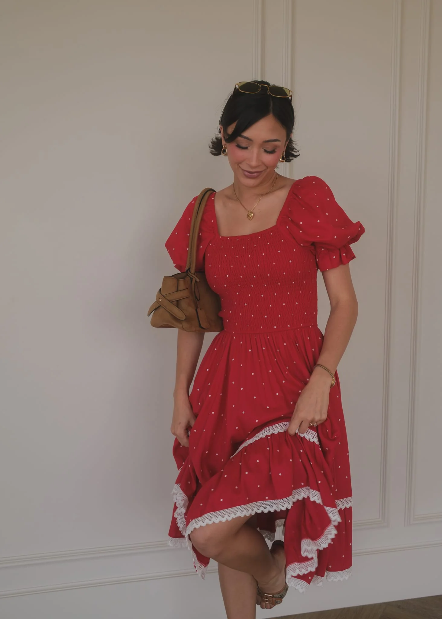 Red Polka Dot Puff Sleeve Dress - Image 5