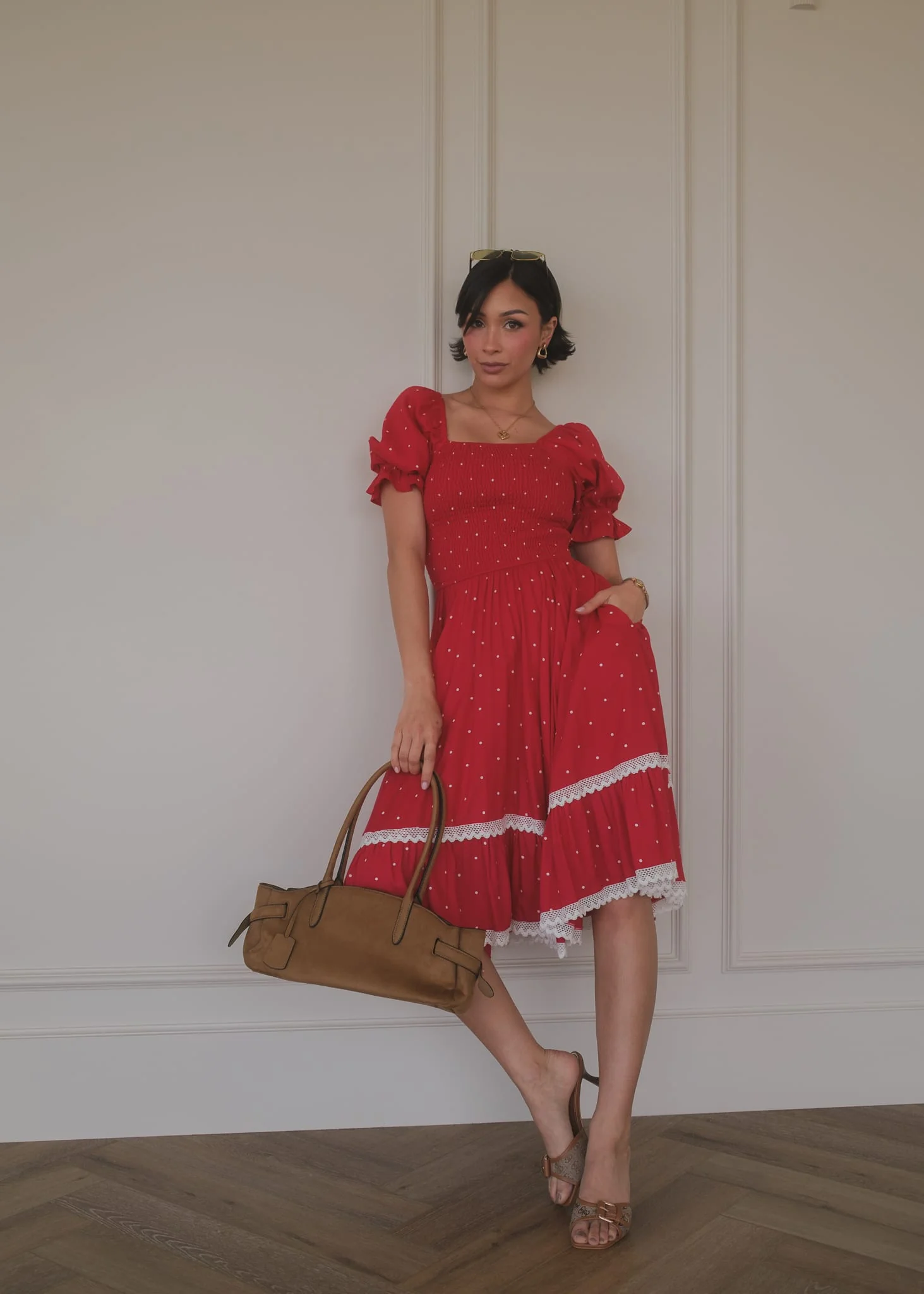 Red Polka Dot Puff Sleeve Dress - Image 6