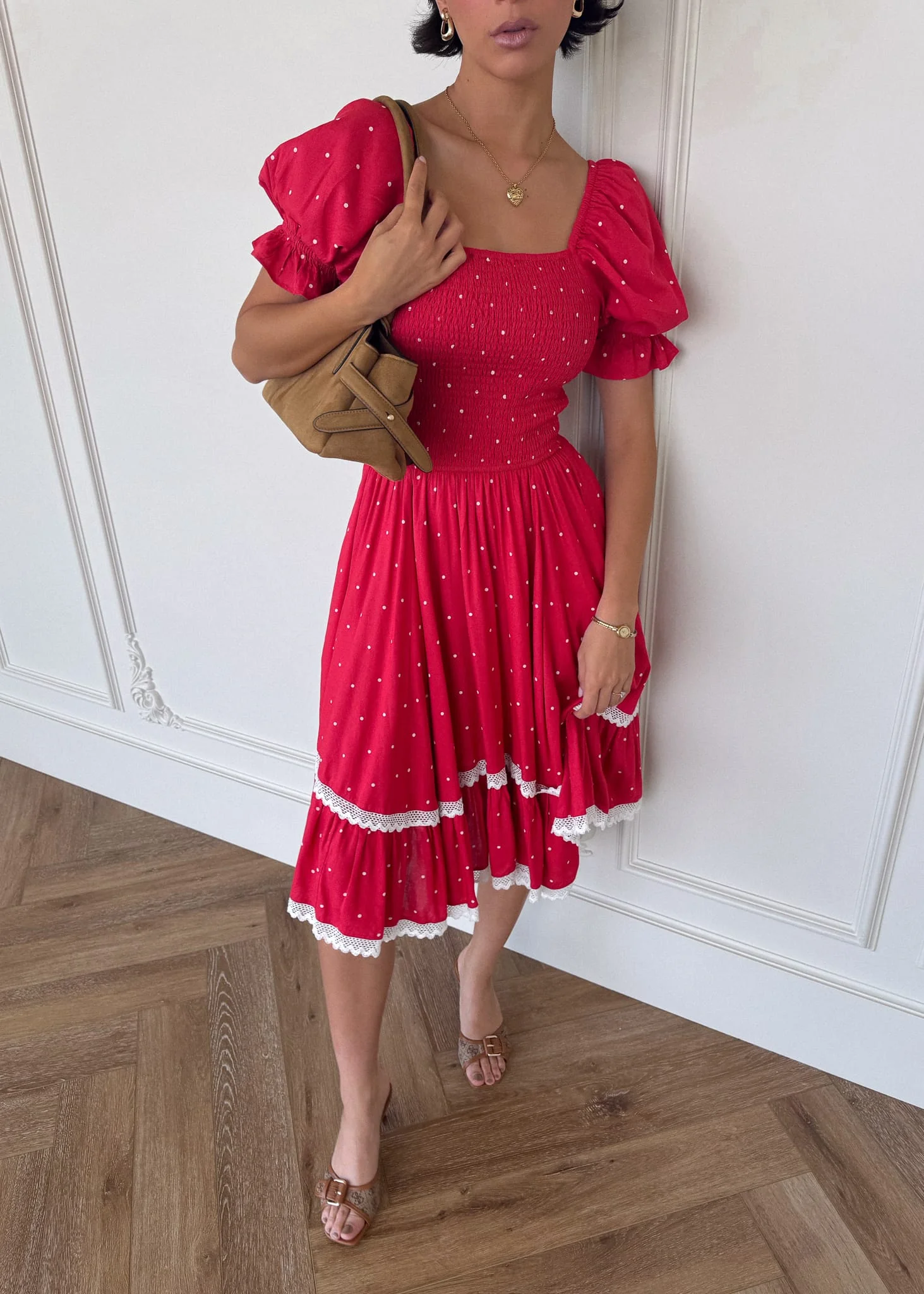 Red Polka Dot Puff Sleeve Dress - Image 8