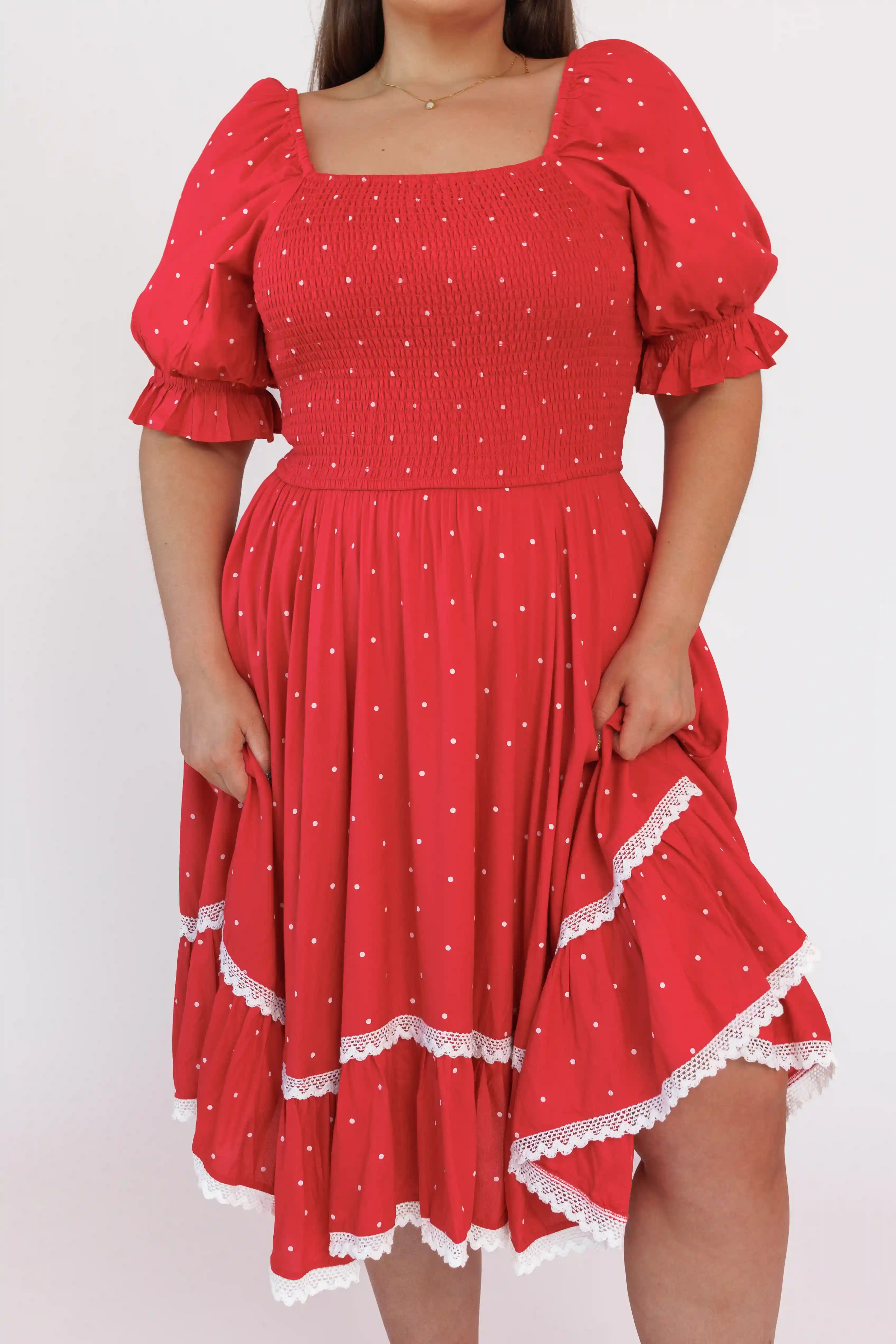 Red Polka Dot Puff Sleeve Dress - Image 9